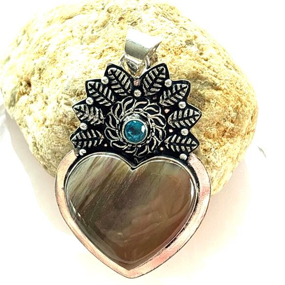 925 Sterling Jasper & Blue Topaz  Heart  Pendant - Picture 1 of 5